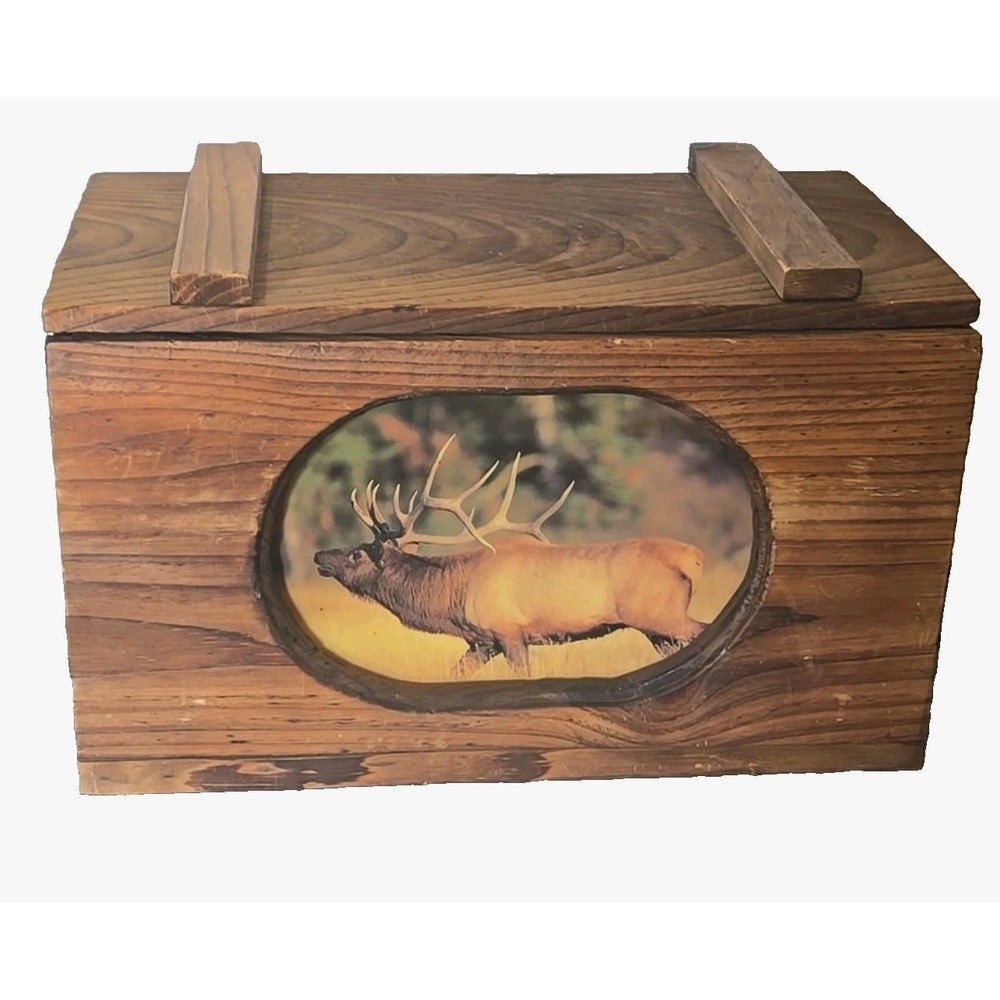 Vtg Hand Carved Wood Ammo Box Keepsake Scenic Elk Landscape Rustic Cabin Decor